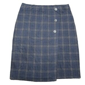 J Jill Plaid Skirt Women M Navy‎ Plaid A Line Wrap Stretch Preppy School 90s NEW